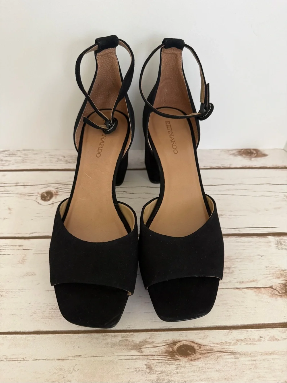 Bernardo Raleigh  Black Suede Platform Block Heel Ankle Strap Sandal